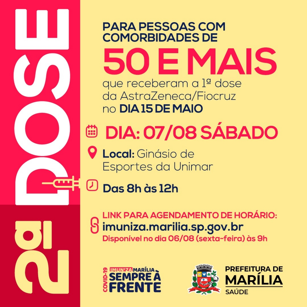 Marília marca segunda dose para pessoas acima de 50 anos; exige cadastro