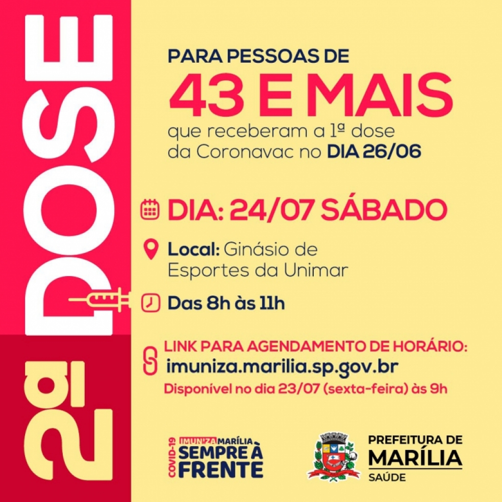 Saúde de Marília marca ações de 2ª dose para pessoas acima de 43 e acima de 63 anos