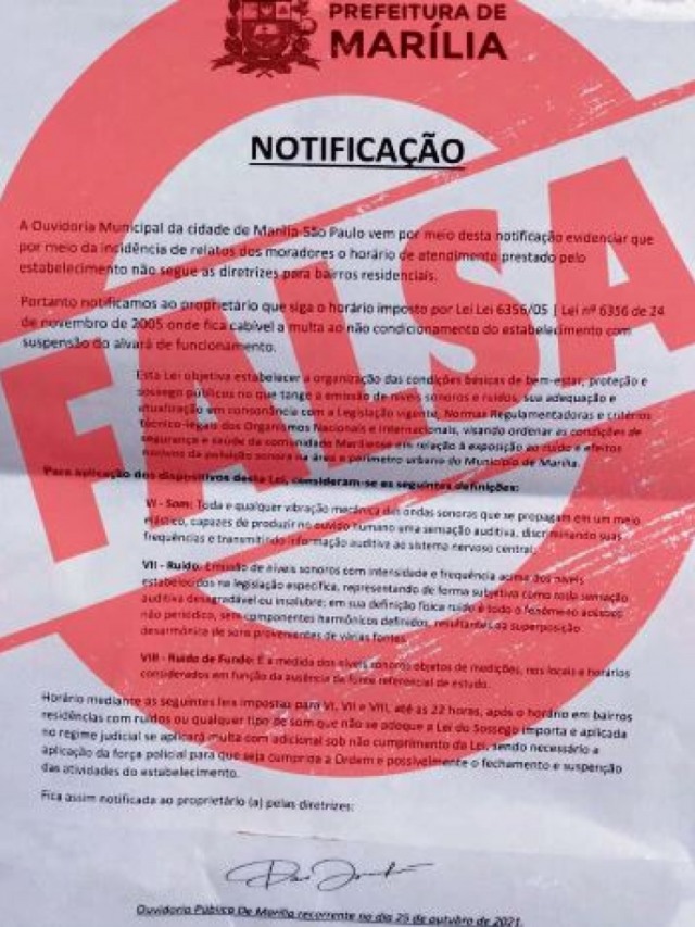 Alerta - Empresas de Marília recebem notificações falsas sobre horário e barulho