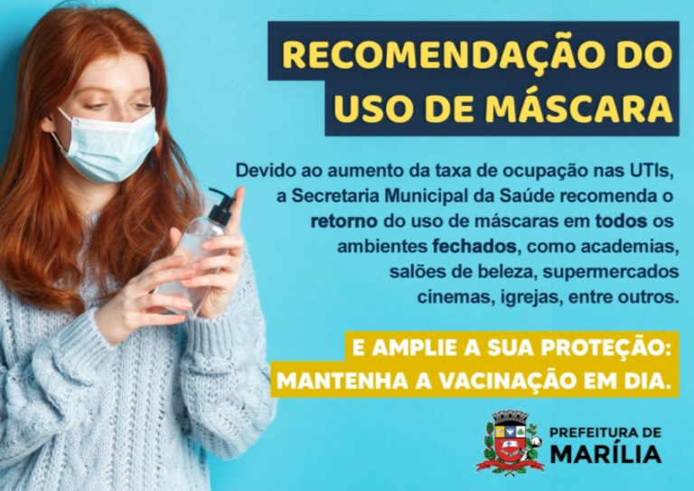 Saúde de Marília recomenda retomada de máscaras em ambientes fechados