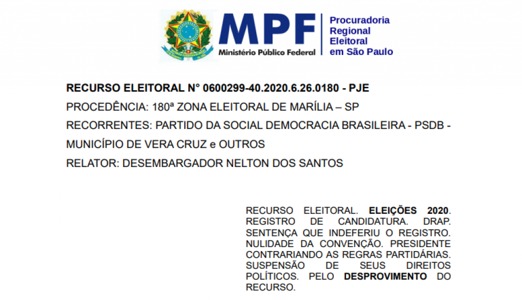 Ministério Público Federal quer PSDB fora da eleição em Vera Cruz