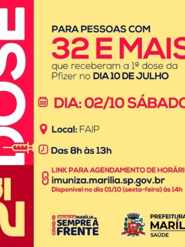 Marília marca segunda dose para vacinados com Pfizer em 10 de julho