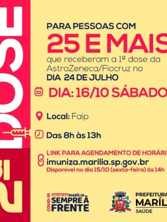 Marília marca segunda dose para vacinados em 24 de julho; exige cadastro