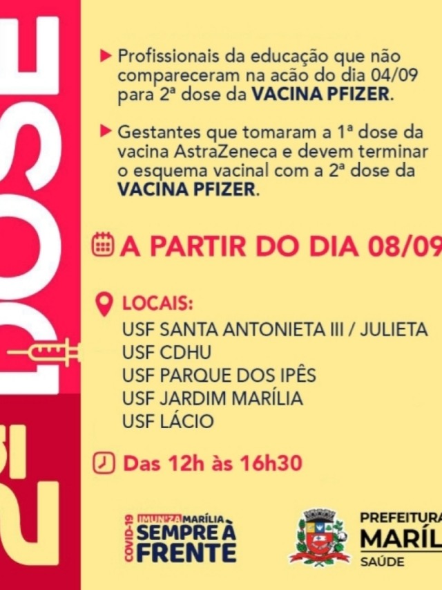 Marília marca 2ª dose da Pfizer para Educação e gestantes vacinadas em junho