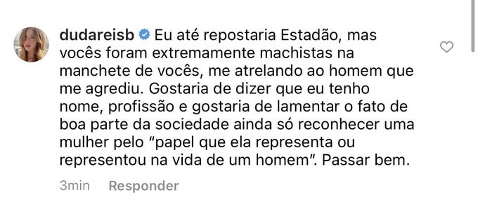 Duda Reis detona publicação que a chamou de "Ex-Nego do Borel"