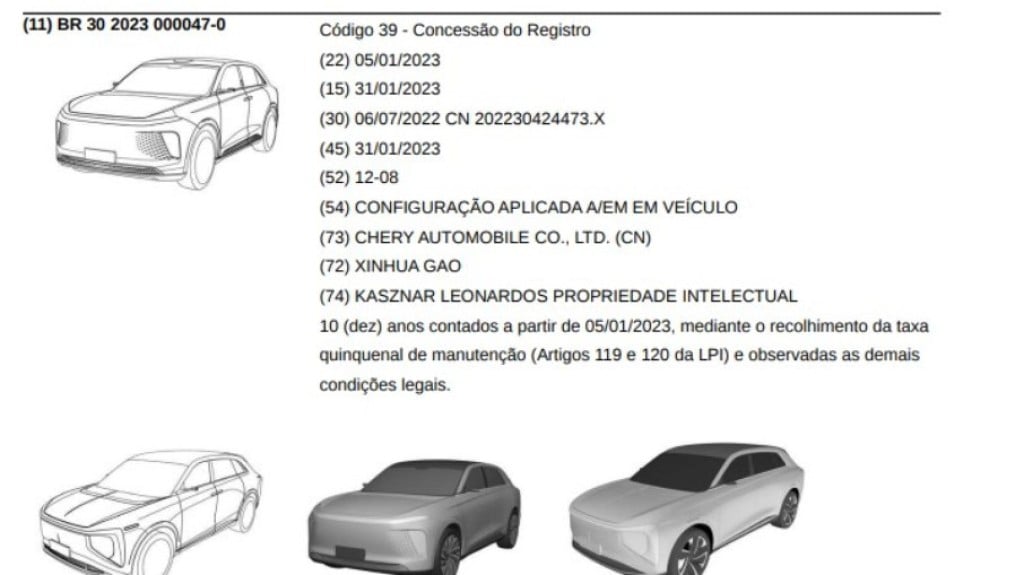 Chery registra novos SUVs no Brasil que podem ter tecnologia autônoma