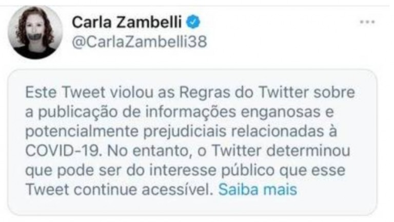 Deputada Carla Zambelli tem publicação no Twitter marcada como enganosa