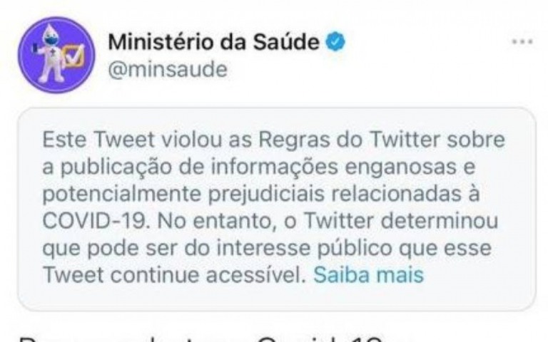 Ministério da Saúde tem publicação no Twitter marcada como enganosa