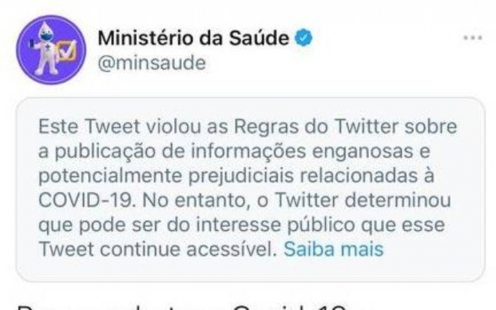 Ministério da Saúde tem publicação no Twitter marcada como enganosa Ministério da Saúde tem publicação no Twitter marcada como enganosa