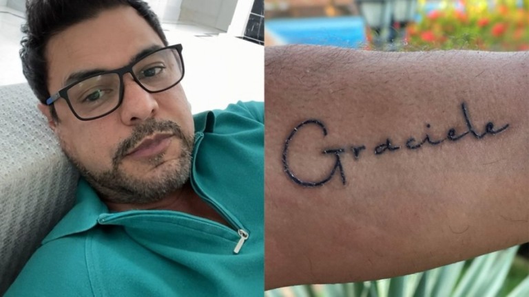 Zezé Di Camargo faz tatuagem com nome de Graciele Lacerda e com o rosto do pai