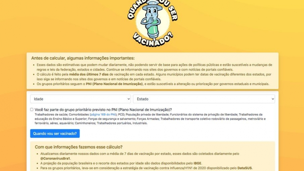 Quando vou ser vacinado? Site calcula estimativa, de acordo com idade e estado