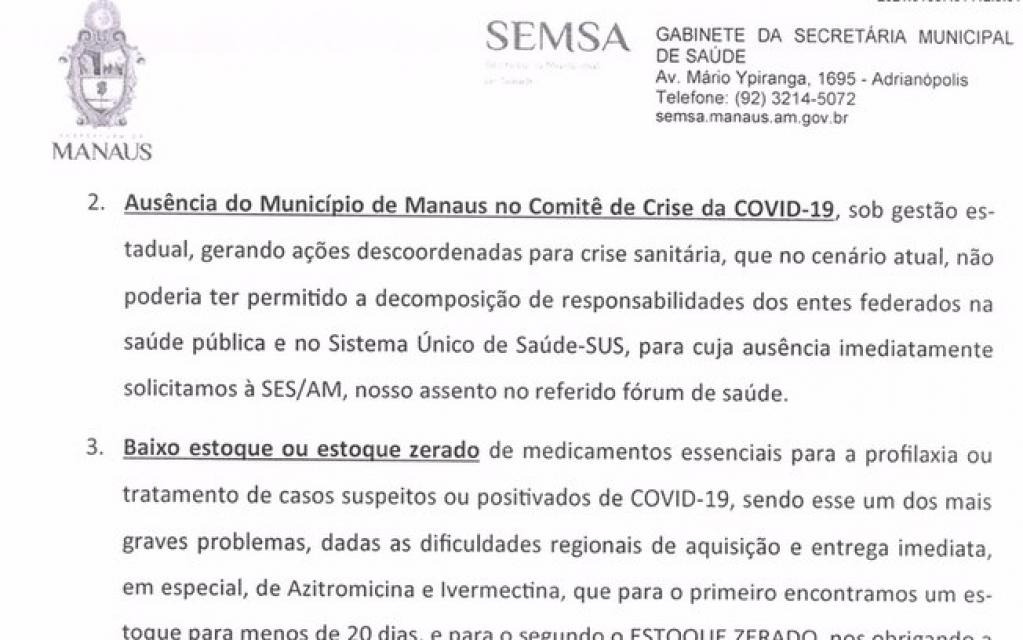 Em meio a colapso, Manaus fez apelo por azitromicina e ivermectina ao governo