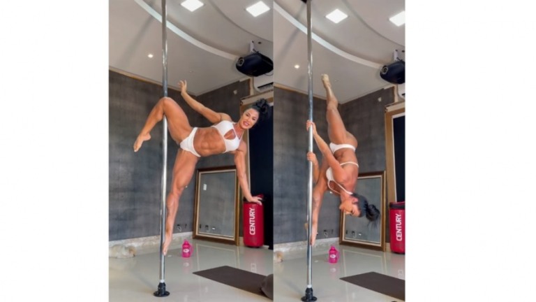 Gracyanne Barbosa se desafia no pole dance