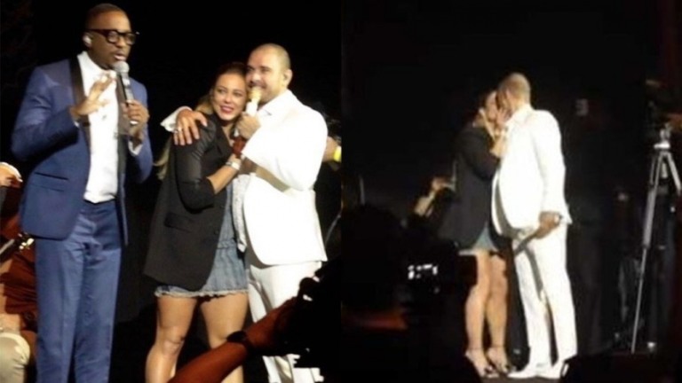 Paolla Oliveira beija Diogo Nogueira durante show, assista