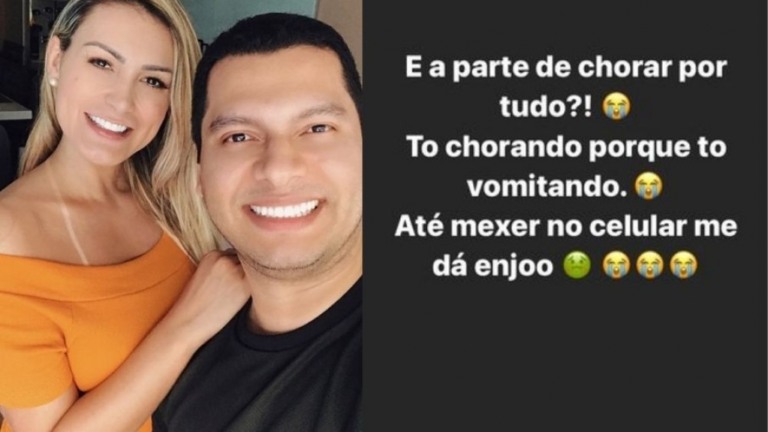 Andressa Urach está sentindo enjoo até enquanto mexe no celular