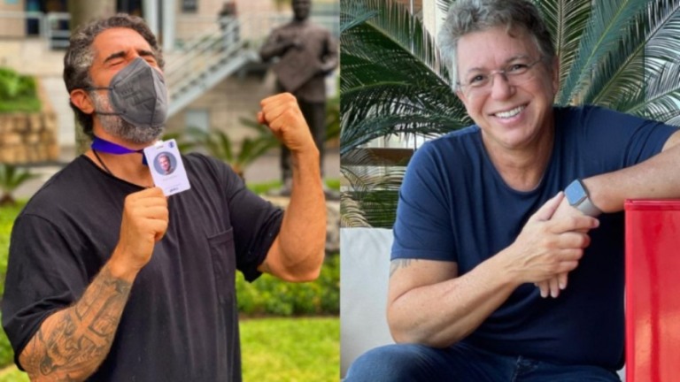 Marcos Mion recebe buquê de flores de Boninho e diz: 'Meu bromance'