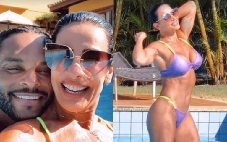 Scheila Carvalho curte dia na piscina com o marido e a filha