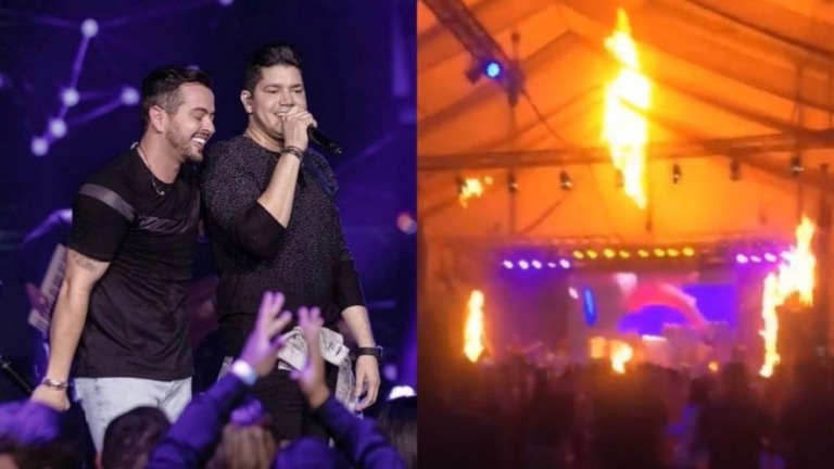 Show de Henrique e Diego é interrompido por palco pegando fogo
