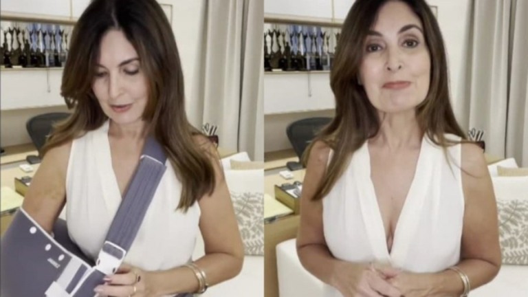 Após cirurgia no ombro, Fátima Bernardes retira tipoia: 'Boa notícia'
