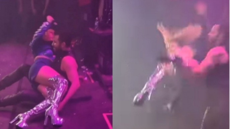 Joelma leva tombo após fazer pirueta em show, assista