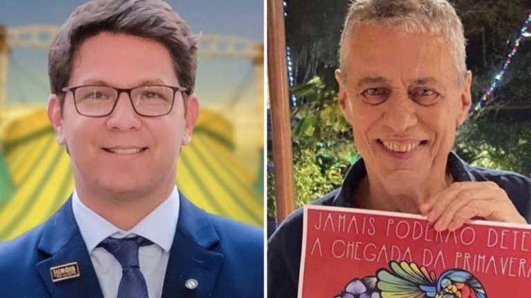 Mario Frias alfineta Chico Buarque com cartaz de Lula: "Desconectado"