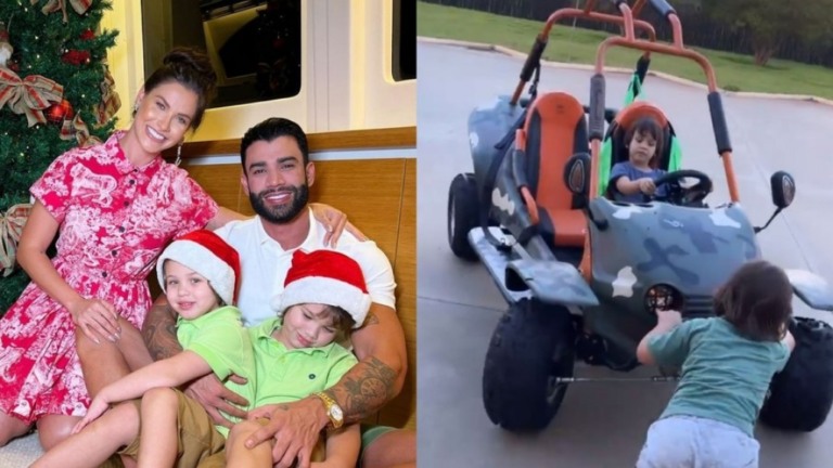 Filhos de Gusttavo Lima brincam com buggy de R$ 24 mil