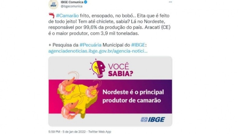 IBGE apaga post de camarão após coincidir com internação de Bolsonaro