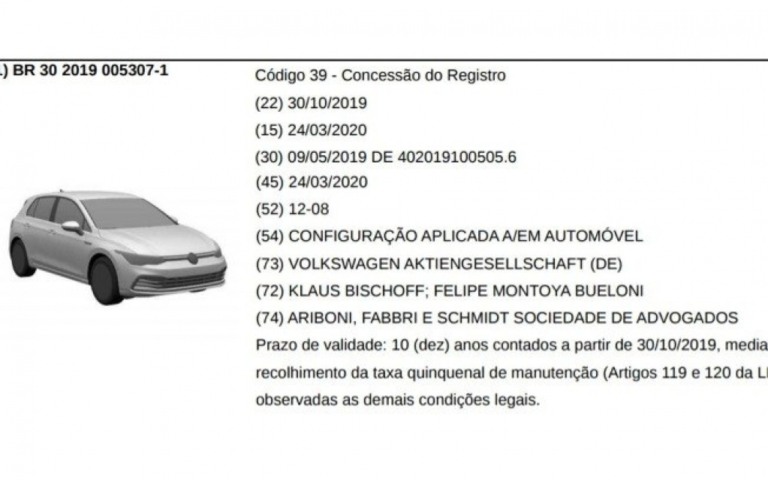 VW Golf aparece em registro de patente no Brasil