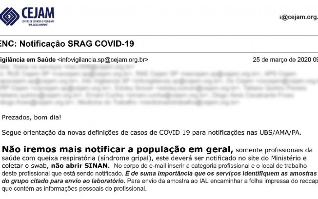 Postos de Saúde São Paulo são orientados a subnotificar Covid-19, diz emissora