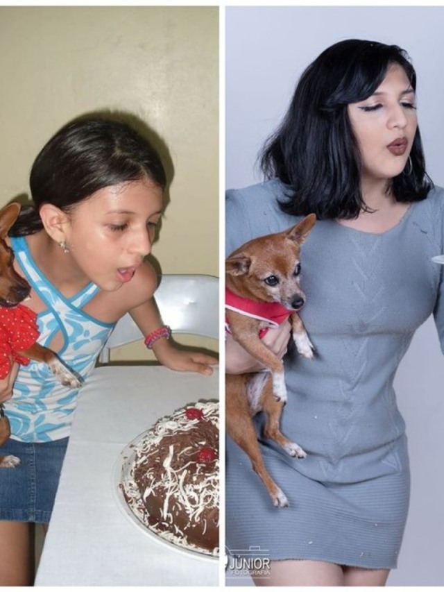 Dona recria foto de aniversário com cadela 10 anos depois