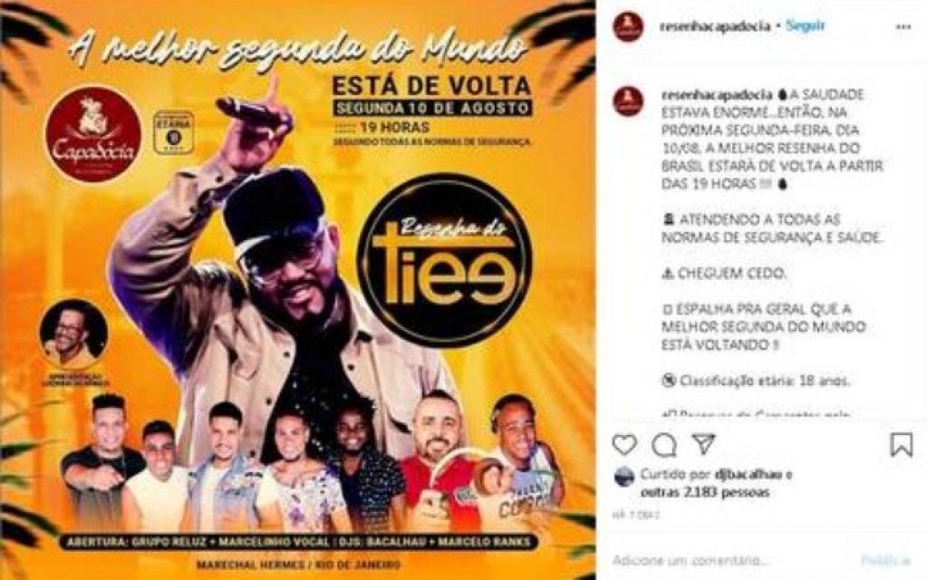 Cantor Tiee faz show em casa noturna carioca que tem fila e aglomeração