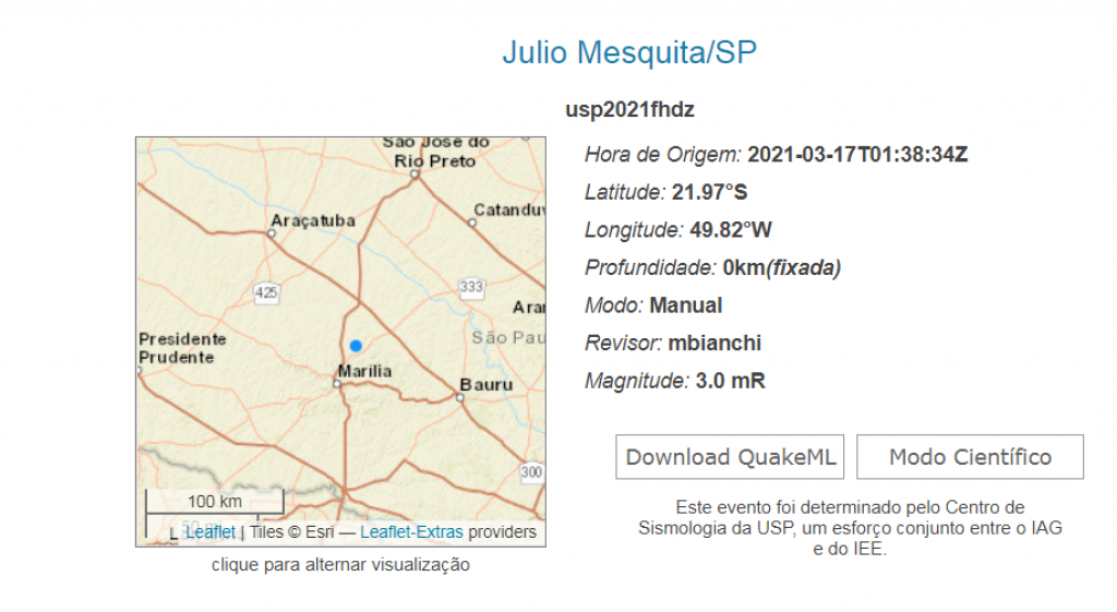 USP confirma tremor de terra na região: atingiu Júlio Mesquita e foi registrado em 500km USP confirma tremor de terra na região: atingiu Júlio Mesquita e foi registrado em 500km