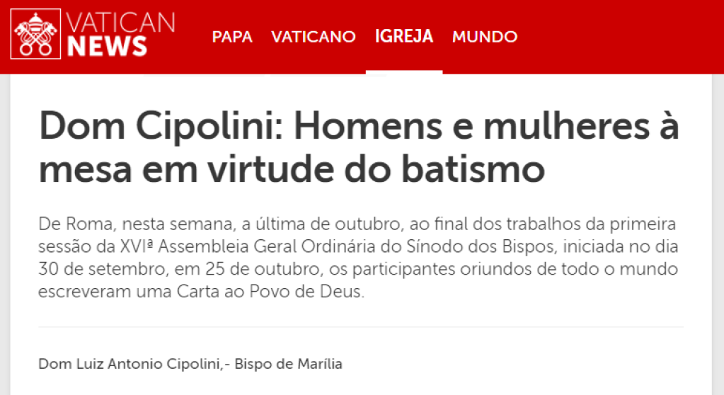 Vaticano publica mensagem de bispo de Marília sobre Carta ao Povo aprovada em Roma