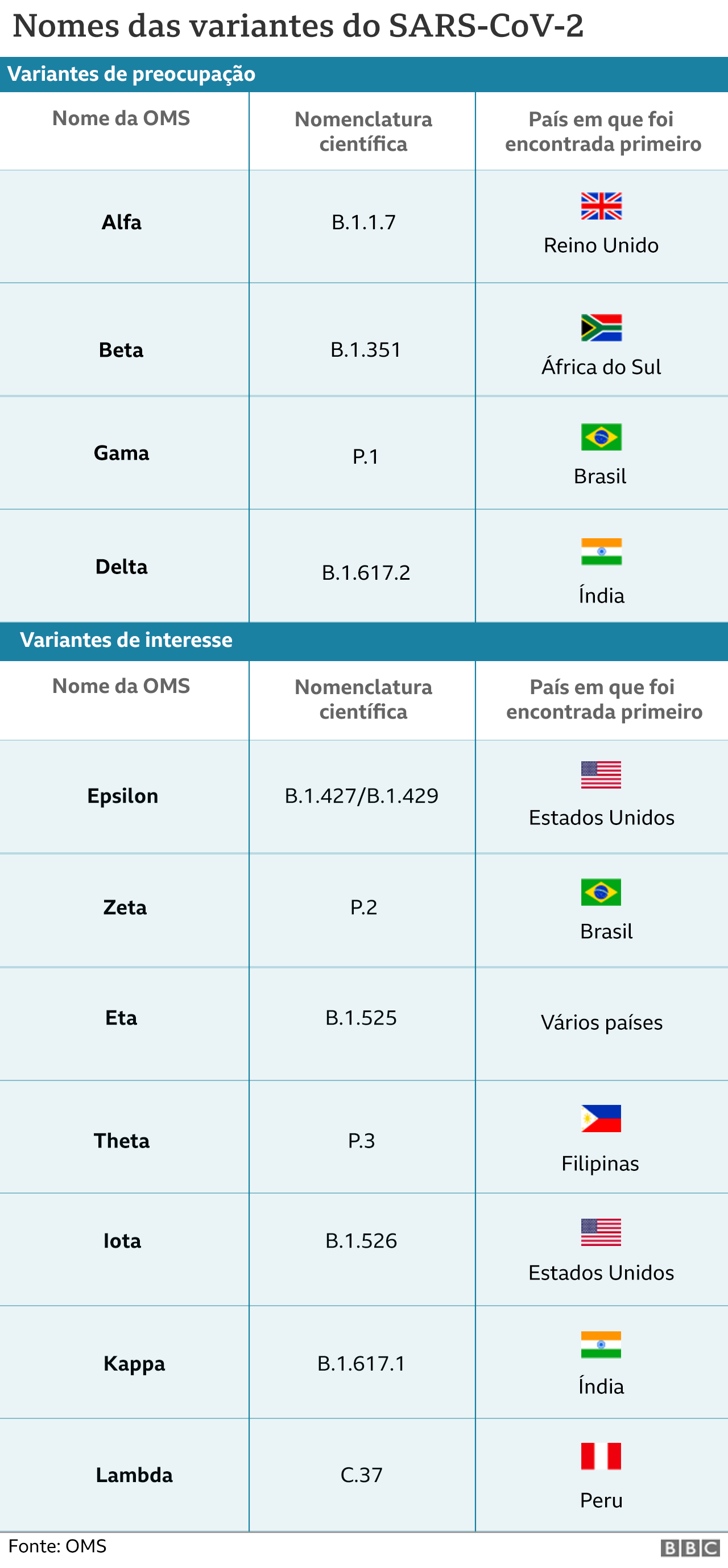 infográfico com nomes das variantes