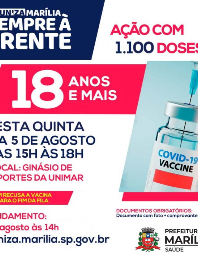 Vacinação para público acima de 18 anos abre cadastro nesta quarta em Marília