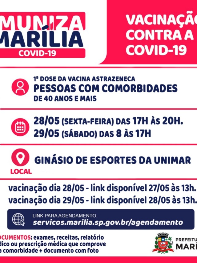 Saúde vacina na sexta e sábado pessoas com comorbidades acima dos 40 anos