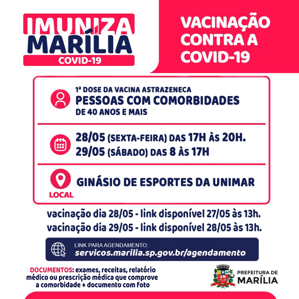 Saúde vacina na sexta e sábado pessoas com comorbidades acima dos 40 anos