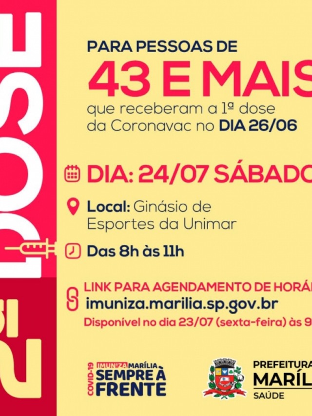 Saúde de Marília marca ações de 2ª dose para pessoas acima de 43 e acima de 63 anos