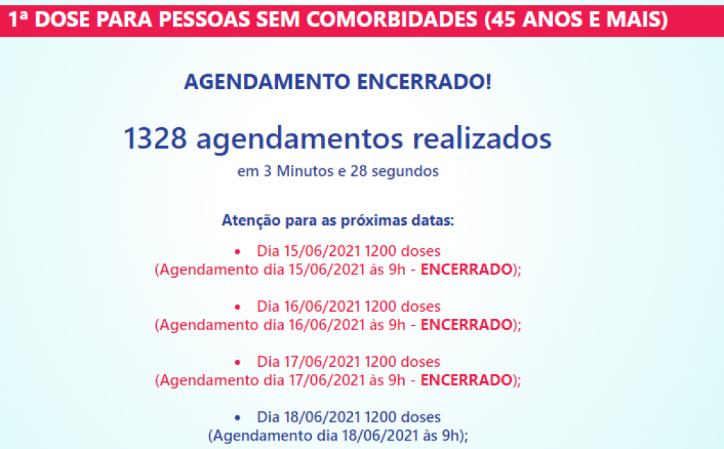 Terceiro dia de cadastro para vacina acima de 45 anos encerra vagas em três minutos e 28 segundos