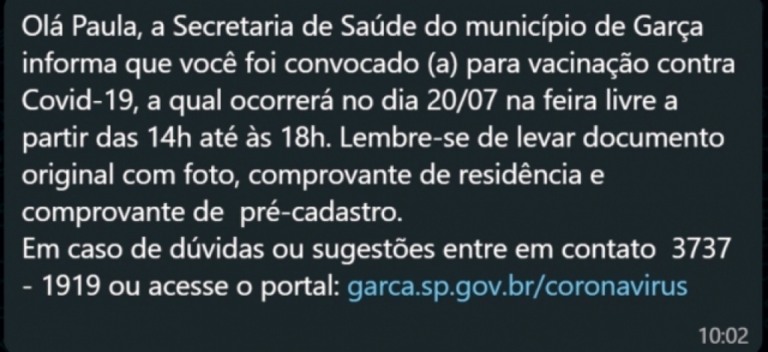 Garça terá convocação por WhatsApp para pessoas cadastradas para vacina