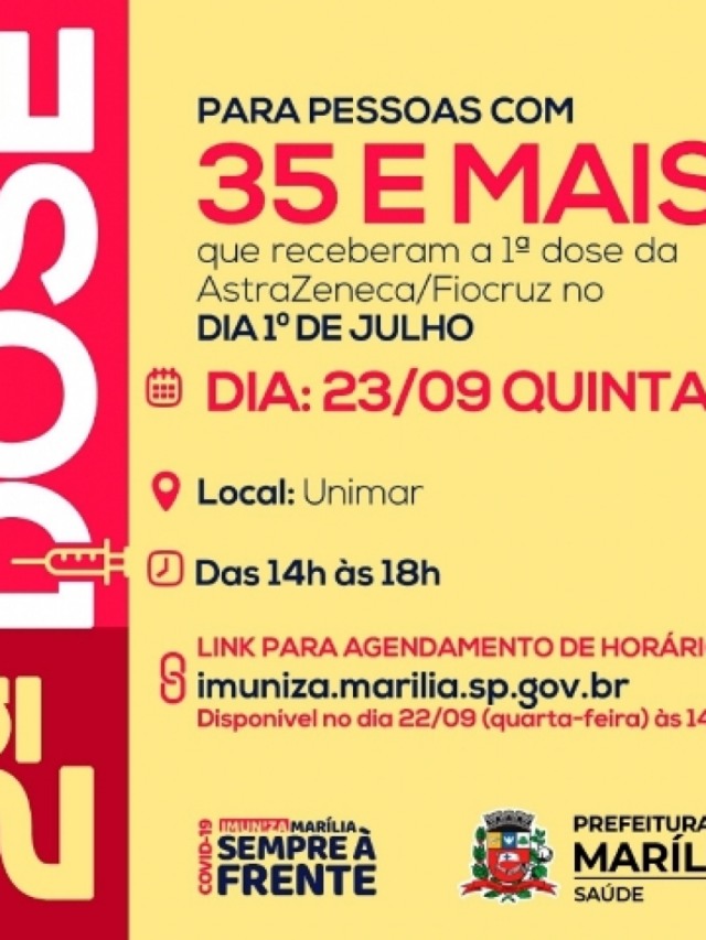 Marília abre nesta quarta cadastro para 2ª dose de vacinados em 1º de julho