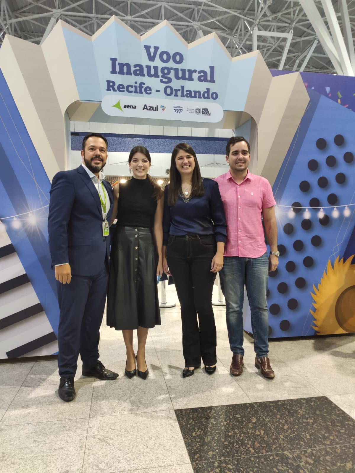 Diego Moretti, diretor do Aeroporto do Recife, Isabela Bettini, gerente de Relações Institucionais da Azul, Cacau de Paula, secretária de Turismo do Recife, e Eduardo Loyo, presidente da Empetur. Foto: Renan Tafarel/iG Turismo - 24/06/2023