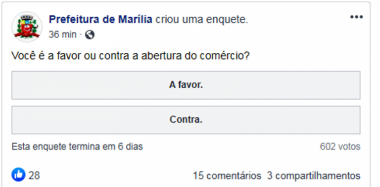 Prefeitura de Marília faz votação online sobre abertura do comércio