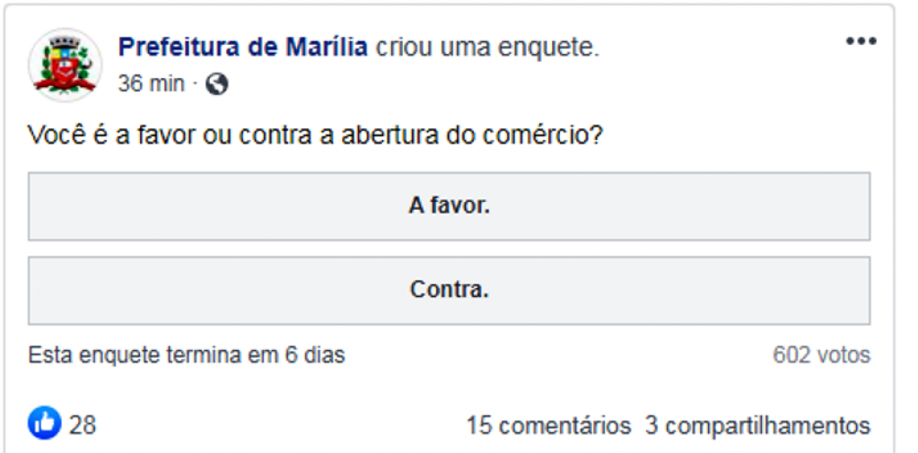 Prefeitura de Marília faz votação online sobre abertura do comércio