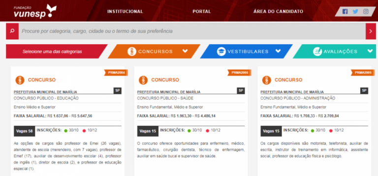 Vunesp abre inscrições para três concursos em Marília; veja taxas e detalhes