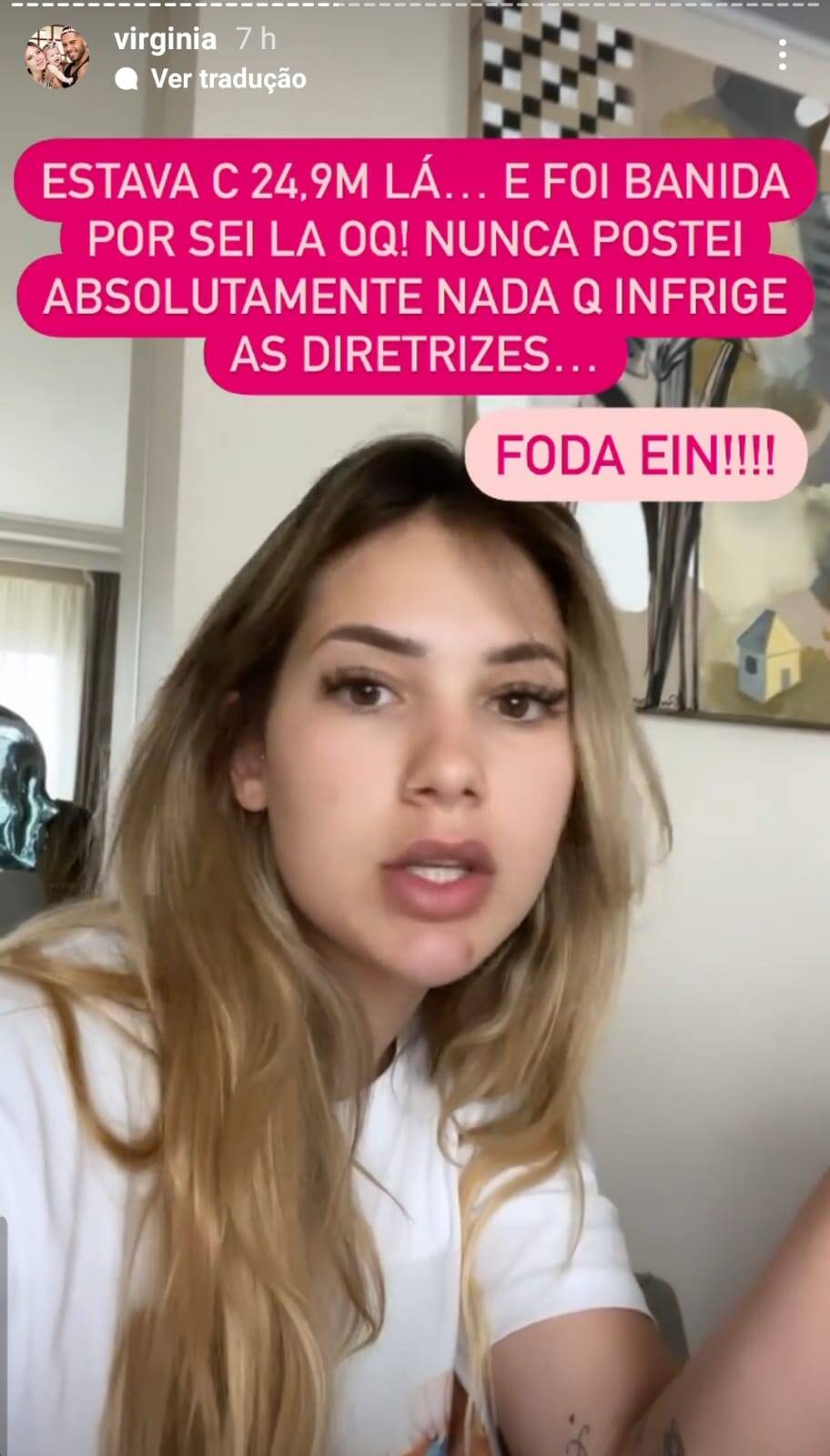Virgínia Fonseca desabada nos stories após ser suspensa do TikTok. Foto: Reprodução/Instagram