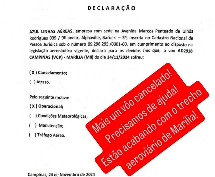 Azul cancela novos voos em Marília e Procon orienta consumidores