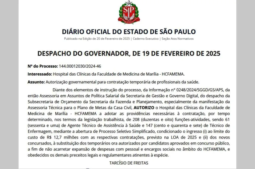 Governador autoriza HCFamema a contratar 208 temporários em Marília