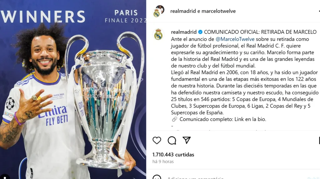 Marcelo anuncia aposentadoria com homenagem do Real Madrid