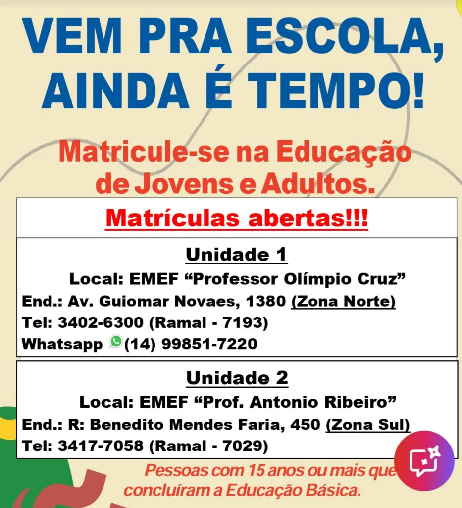 Educação de Marília abre inscrições para jovens e adultos